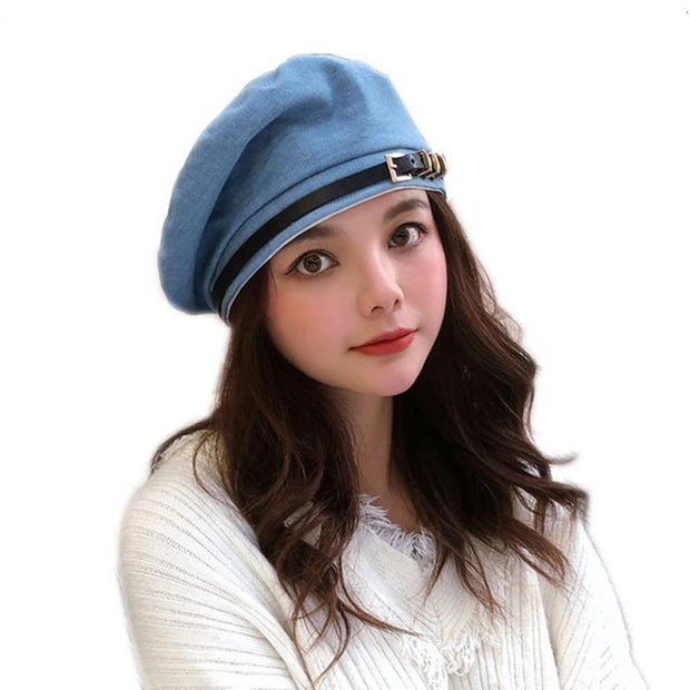 Belt Buckle Beret Woman Denim Hats