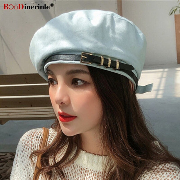 Belt Buckle Beret Woman Denim Hats