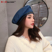 Belt Buckle Beret Woman Denim Hats