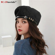 Belt Buckle Beret Woman Denim Hats