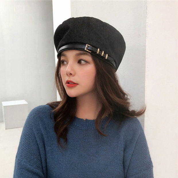 Belt Buckle Beret Woman Denim Hats