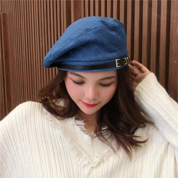 Belt Buckle Beret Woman Denim Hats