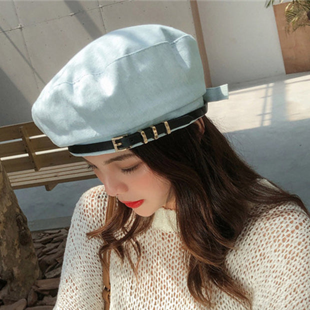 Belt Buckle Beret Woman Denim Hats